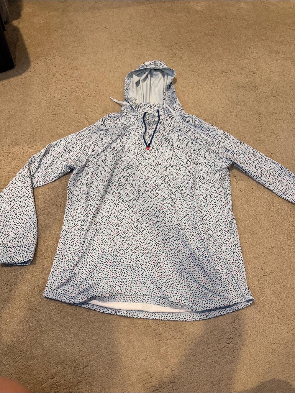 Men's Lightweight White Hooded Shirt Jacket with Navy & Red Micro Dot Print